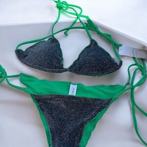 Sparkly Green & Black Triangle Bikini Top Size XS– Adjustable Straps – NWOT